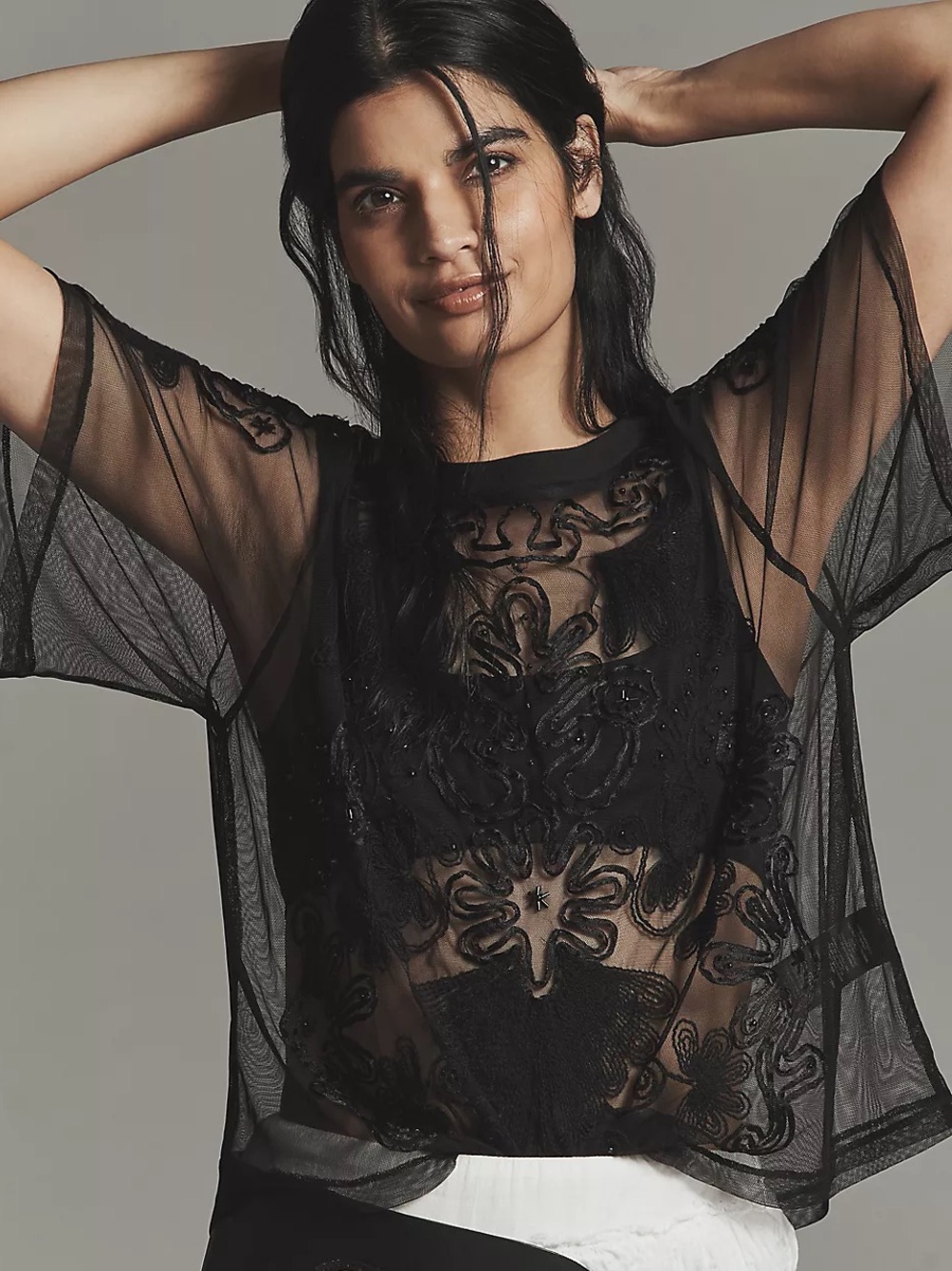 Anthropologie Sheer Mesh Black Embroidered Top Romantic
Size L